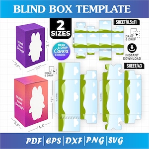 May include: A digital blind box template featuring two sizes with dimensions of 2.5 by 3.1 inches and 4.4 by 7 inches. The design includes purple and gradient boxes with white rabbit silhouettes, flat layout patterns with green hills and clouds, and text labels including Blind Box Template, 2 Sizes, Drag & Drop, and Instant Download.