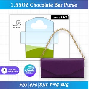 May include: A purple rectangular clutch purse with a gold chain strap, displayed alongside a digital template labeled 1.55OZ Chocolate Bar Purse, SHEET / 8.5x11, DRAG & DROP, and Canva Editable. The template shows a blue sky and green hills.