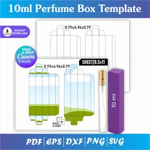 Puede incluir: Una plantilla de caja de perfume de 10 ml con un diseño digital de 0,79x4,96x0,79 pulgadas. El diseño incluye un gráfico de paisaje con un campo verde y cielo azul, un frasco de perfume de vidrio transparente con tapa dorada y una caja morada.