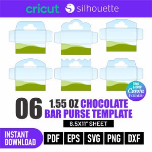 Chocolate Bar Purse Template Bundle (6 Styles) | 1.55oz Candy Bar Wrapper SVG | Canva Treat Holder & Party Favor Envelope | 8.5x11
