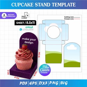 May include: A cupcake stand template featuring a purple base with a 12 cm height, 8 cm width, and 2 cm depth. The digital file includes a cutting line and crease line layout, with text reading Cupcake Stand Template, Instant Download, and Drag & Drop.