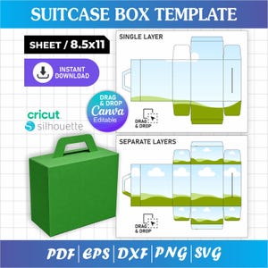 Könnte beinhalten: Eine digitale Koffer-Box-Vorlage mit einer einfarbig grünen zusammengebauten Box und zwei flachen Layout-Diagrammen, beschriftet als Single Layer und Separate Layers. Das Design enthält den Text SUITCASE BOX TEMPLATE, SHEET / 8.5x11 sowie die Formate PDF, EPS, DXF, PNG, SVG.