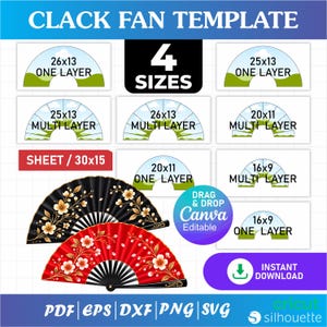 Könnte beinhalten: Eine digitale Vorlage für Clack-Fächer mit verschiedenen Größen und Layouts, beschriftet mit 16x9, 20x11, 25x13 und 26x13 in ein- und mehrschichtigen Formaten. Enthält zwei Beispiel-Fächer mit schwarzem und rotem Hintergrund und weißen Blumenmustern.