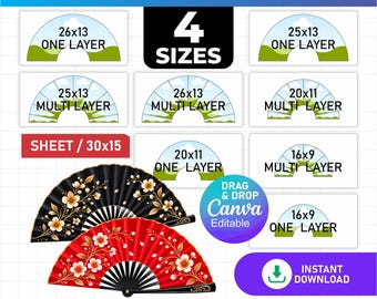 Clack Fan Template Bundle | 4 Sizes Editable Canva Hand Fan | Printable DIY Fan Template | Party Favor