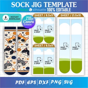 May include: A digital sock jig template featuring a cat-themed pattern with orange, black, and grey cats wearing sunglasses, yarn balls, and paw prints. Includes editable sheets labelled 8.5x11 and 21.5x10 with drag and drop placeholders for design customisation.