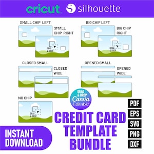 Puede incluir: Gráfico que muestra un paquete de plantillas de tarjetas de crédito con varios diseños de chip y estados de tarjeta. La imagen incluye el texto "Credit Card Template Bundle" y "Instant Download". Compatible con máquinas Cricut y Silhouette.