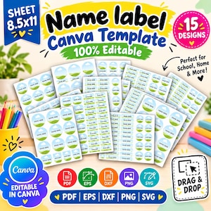 Pode incluir: Um modelo Canva de etiquetas de nome com 15 designs em uma folha de 8,5x11 polegadas. As etiquetas exibem um gráfico de colina verde e céu azul com o texto Name Here. Inclui formatos de arquivo PDF, EPS, DXF, PNG e SVG para uso.