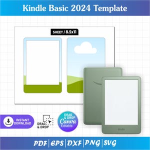 以下が含まれることがあります： Kindle Basic 2024テンプレート。8.5x11インチのシートに2つの長方形フレームがあり、一方は空白、もう一方は雲と風景のグラフィック入り。セージグリーンの電子書籍リーダーが2台あり、背面と前面の画面が表示されています。