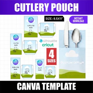 May include: A digital cutlery pouch template set featuring four sizes, including 4.75x7.5, 4x7.4, 3.35x7.5, and 3x7 inches. The design includes green hills, a white cloud, and a placeholder for custom text, with a knife and spoon shown in a pouch.
