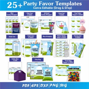 Op de afbeelding: Een digitale collectie van 25+ feestbedankjes-sjablonen met Canva-bewerkbare drag-and-drop ontwerpen. Bevat lay-outs voor snoepverpakkingen, chipbussen, feesthoedjes, cupcake-toppers, frisdrankblikjes, sapzakjes, rijstcrispy-verpakkingen en diverse labels.
