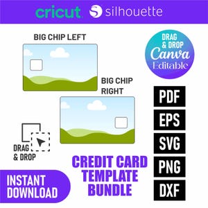 Puede incluir: Un paquete de plantillas digitales de tarjetas de cr&eacute;dito con dise&ntilde;os "Big Chip Left" y "Big Chip Right". Incluye formatos de archivo PDF, EPS, SVG, PNG y DXF. Presenta los textos "Drag & Drop" y "Canva Editable".