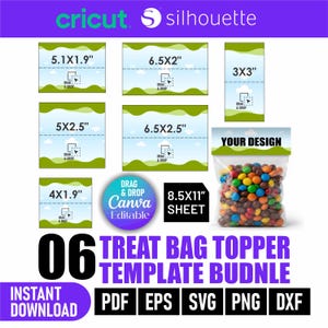 May include: A digital download graphic design bundle for treat bag toppers. Includes six different sizes, with dimensions in inches, and a bag of colorful candies. The design is compatible with Cricut and Silhouette machines.