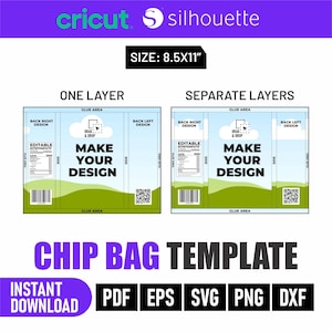 May include: A chip bag template design with the text "MAKE YOUR DESIGN" and "CHIP BAG TEMPLATE". The design includes a size of 21.6 x 27.9 cm and is available for instant download in PDF, EPS, SVG, PNG, and DXF formats.