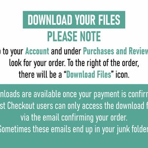 May include: A white background with teal and green text that reads "DOWNLOAD YOUR FILES PLEASE NOTE". Instructions are provided on how to download files after purchase, including where to find the download icon.