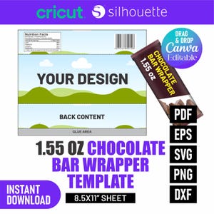 Puede incluir: Una plantilla de envoltorio de barra de chocolate con el texto "YOUR DESIGN" y "BACK CONTENT". El diseño incluye un paisaje verde y está etiquetado como una plantilla de envoltorio de barra de chocolate de 43.94 gramos. La plantilla es para una hoja de 21.59 x 27.94 cm.