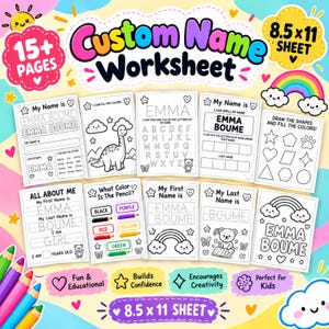 Puede incluir: Una colección de más de 15 hojas de trabajo educativas imprimibles para niños, con el texto Custom Name Worksheet y 8.5 x 11 sheet. Las páginas incluyen actividades de caligrafía, dibujos para colorear de dinosaurios, arcoíris y osos.