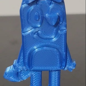 May include: A blue 3D printed figurine of a cartoon dog with a winking eye and a smile. The dog has a long tail and short legs.