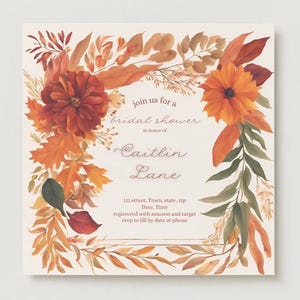 Fall/Autumn Floral Elegant Bridal Shower Theme Invitation, Editable and Downloadable Printable, Canva Invitation for Bridal Shower