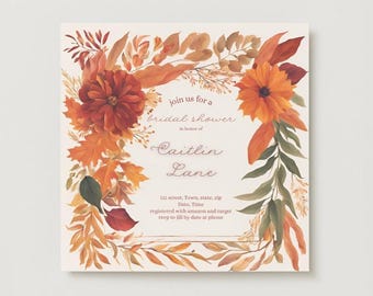 Fall/Autumn Floral Elegant Bridal Shower Theme Invitation, Editable and Downloadable Printable, Canva Invitation for Bridal Shower