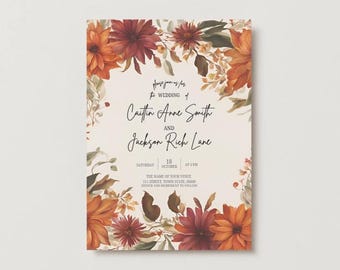 FALL FLORAL Elegant Autumn Flowers Wedding Invitation Suite, Printable and Editable via Canva, Includes RSVP Card, Invite, Thank you