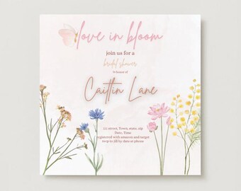 LOVE IN BLOOM Dainty Floral Whimsical Bridal Shower Theme Invitation, Editable and Downloadable Printable, Canva Invitation Shower