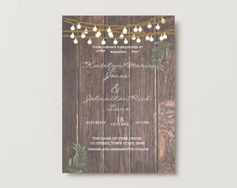 WOODEN RUSTIC Theme Greenery Lights Wedding Invitation Suite, Printable and Editable via Canva, Includes RSVP Card, Invite, Thank you