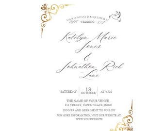 GOLD Elegant Wedding Invitation FULL Suite - Editable Downloadable Printable via Canva - Invitation, RSVP Card, Thank you Card