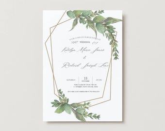 Delicate Greenery Gold Border Rustic Elegant Wedding Invitation Suite, Printable and Editable via Canva, Includes RSVP Card Invite Thank you