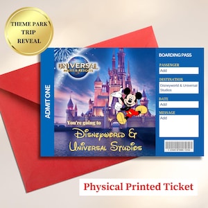 Universal Studios & Disney World 2025 Reveal Orlando billet imprimé cadeau d'anniversaire surprise, carte Universal Studios Florida pour les fêtes de fin d'année