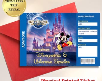 May include: A physical printed ticket with a blue boarding pass design featuring Mickey Mouse and a castle illustration. The ticket reads "You're going to Disneyworld & Universal Studios". A gold sticker says "Theme Park Trip Reveal".