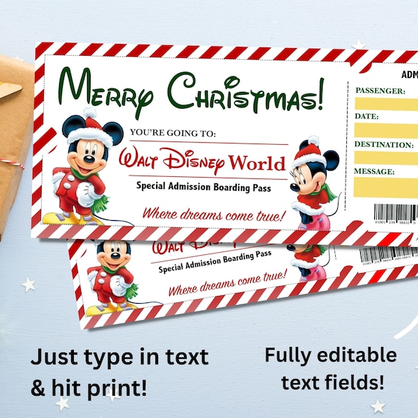 Tarjeta sorpresa de viaje navideño a Disney, regalo imprimible para niños, descarga instantánea en PDF.