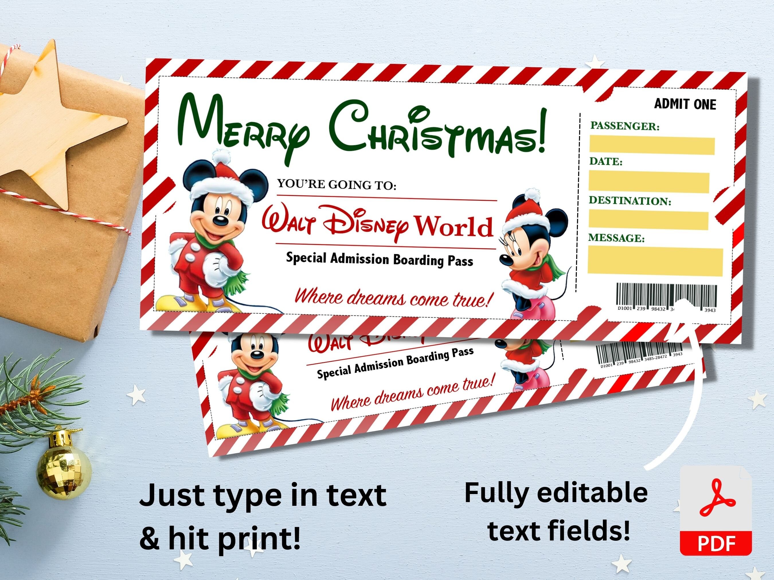 Christmas Disneyworld Ticket Printable Theme Park Surprise Etsy