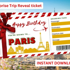 Bilhete de viagem surpresa de aniversário para Paris, cartão de embarque surpresa para impressão, bilhete de presente revelador, cartão de embarque para presente de aniversário, bilhete de avião