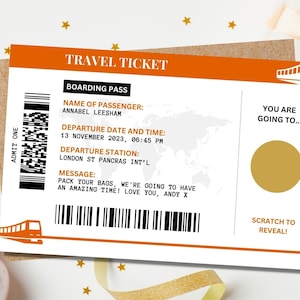 Carte d'embarquement à gratter TRAIN personnalisée, vacances surprise, vacances, cadeau d'anniversaire pour elle, cadeau pour lui, carte de révélation de TRAIN de voyage surprise