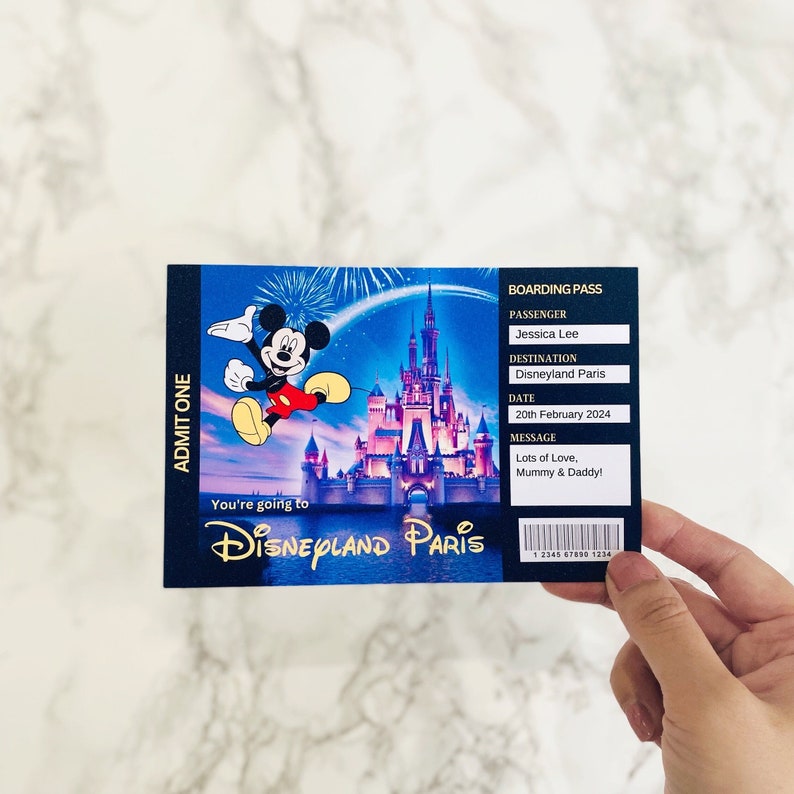 Personalised Handprinted Disneyworld Ticket Theme Park Surprise Ticket, Gift Reveal, Mickey Mouse Disneyland Boarding Pass, Disney Reveal image 2