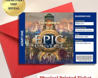 Universal Epic Studios 2025 Reveal Personalizuj niespodziewany prezent urodzinowy w postaci drukowanego biletu do Orlando, karta świąteczna Universal Studios Florida Reveal