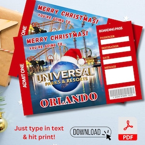 Druckbares Weihnachtsticket für Universal Studios Herunterladen Park Surprise, Universal Studios Disneyland Florida Hollywood Trip Ticket Digital