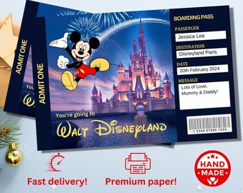 Boleto sorpresa personalizado impreso a mano para el parque temático Disneyworld, revelación de regalo, tarjeta de embarque de Mickey Mouse Disneyland, revelación de Disney