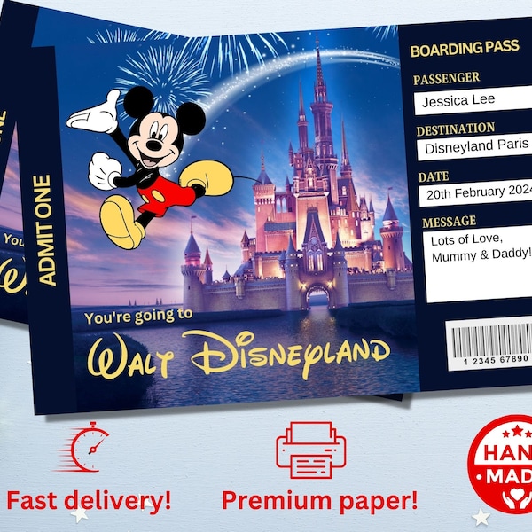 Personalisiertes handgedrucktes Disneyworld Ticket Themenpark Überraschungsticket, Geschenk offenbaren, Mickey Mouse Disneyland Bordkarte, Disney offenbaren