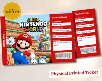Personalised Handprinted Super Mario World Universal Studios Ticket Theme Park Surprise Ticket, Gift Reveal, Boarding Pass, Florida | Japan