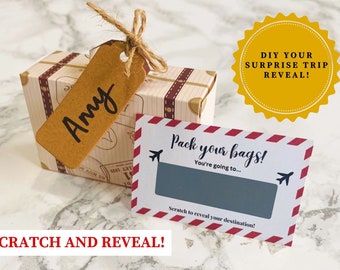 DIY Surprise Mini Suitcase Scratch & Mini Travel Ticket Reveal Gift bundle. Perfect for Mother's Day, birthday! Destination Travel Gift Box