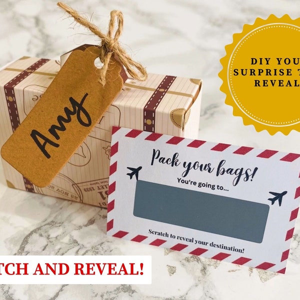 DIY Surprise Mini Suitcase Scratch & Mini Travel Ticket Reveal Gift bundle. Perfect for Mother's Day, birthday! Destination Travel Gift Box