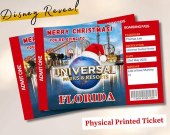 Świąteczne Universal Studios Wybierasz się do Orlando, Bilet niespodziankowy do Orlando w Japonii z nadrukiem, Universal Florida Boarding Pass