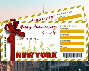 Happy Anniversary Surprise New York Travel Ticket Printable Surprise Boarding Pass, Gift Reveal Ticket, Gift for Him, Gift for Her