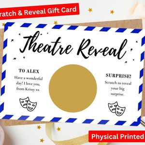 Theatre Reveal Pass Carte à gratter surprise personnalisée imprimée à la main, sceau d'or, carte-cadeau d'anniversaire pour lui, cadeau pour elle