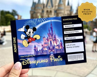 May include: A rectangular Disneyland Paris boarding pass featuring Mickey Mouse, a castle illustration, and fireworks. Text includes ADMIT ONE, PASSENGER Jessica Lee, DESTINATION Disneyland Paris, DATE 20th February, and MESSAGE Lots of Love, Mummy & Daddy!