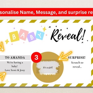 Gepersonaliseerde handgedrukte Baby Gender Reveal Voucher Surprise Scratch & Reveal Card, Gouden zegel aanpasbare tekst Baby Shower Reveal, Girl Boy