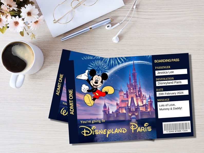 Personalised Handprinted Disneyworld Ticket Theme Park Surprise Ticket, Gift Reveal, Mickey Mouse Disneyland Boarding Pass, Disney Reveal image 6