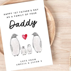 Tarjeta de mi primer día del padre como familia de cuatro, tarjeta personalizada del día del padre de la familia del pingüino lindo, papá Animal, tarjeta del día del padre por segunda vez