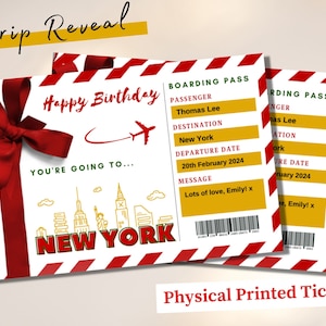 Handgedruckter NEW YORK Geburtstagsüberraschungs-Reiseticket-Überraschungs-Bordpass, Geschenkenthüllungsticket, Geburtstagsgeschenk-Bordkarte-Flugticket